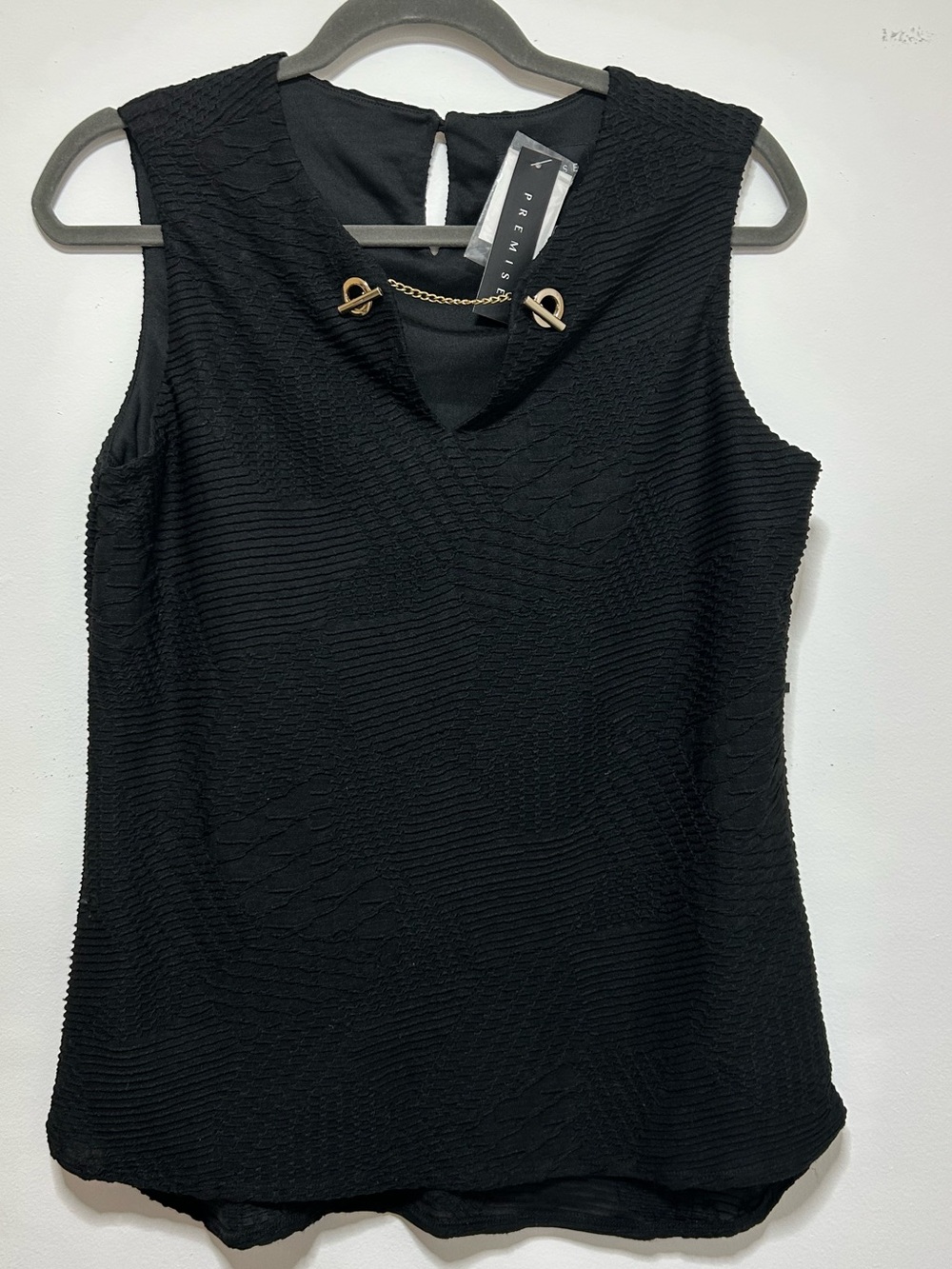 Premise Black Sleeveless V-Neck Tank with Gold Chain Accent